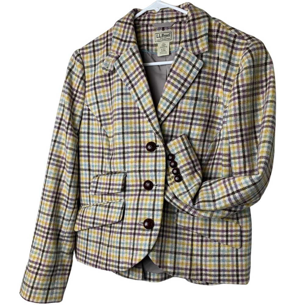 L.L. BEAN Petites Herringbone Tweed Plaid Riding Jacket Wool Nylon Women Size 8P